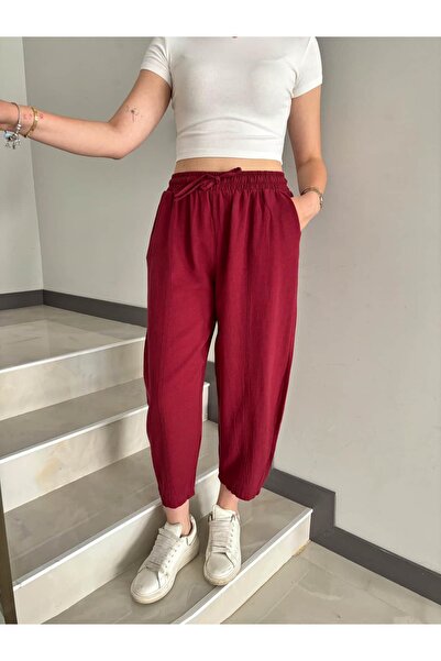 Sude Kızanlıklı Linen Elastic Waist Balloon Trousers