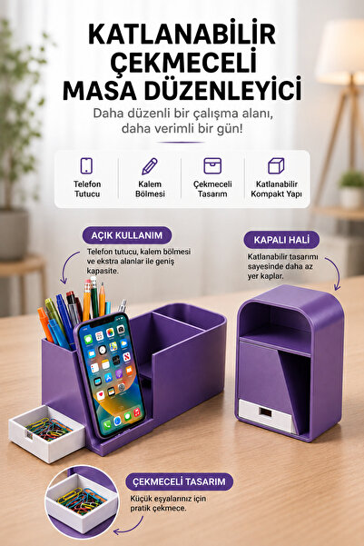 Genel Markalar Katlanabilir Çekmeceli Masa Düzenleyici – Telefon Standı Kalem...