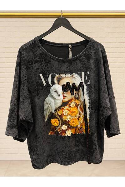 sajarsln Women's Plus Size Anthracite Owl Printed Stonewashed Oversize T-Shirt