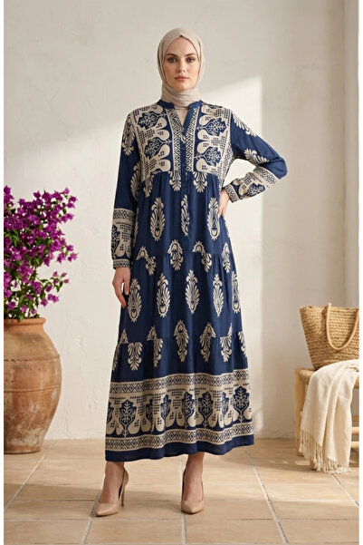 sefamerve Patterned Viscose Buttoned Hijab Dress 5593-02 Indigo