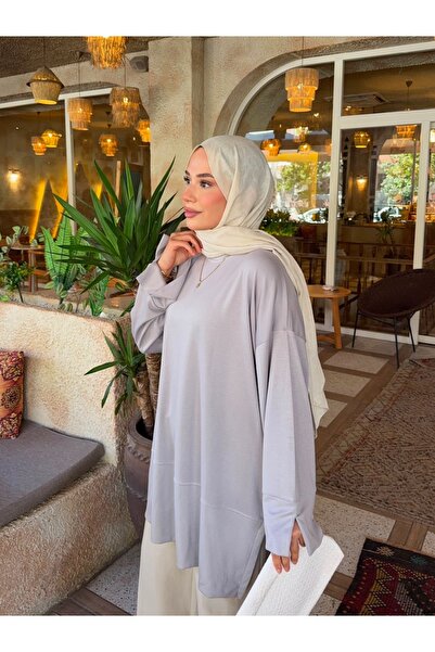 nurvina modest wear Oversize Slit Detailed Modal Fabric Hijab Tunic Gray