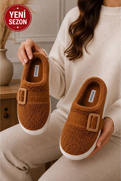 STOCON Women's Tan Buckle Plush Winter House Slippers Dowry Slippers Gift Sli...