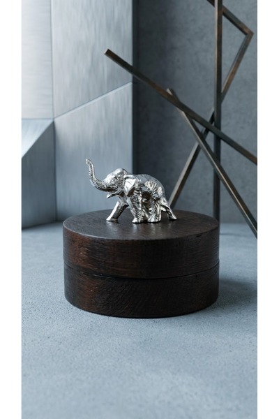 GİSVOL Decorative Ashtray with Wooden Cover, Metal Inner Chamber and Elephant Figure, Tabletop Ashtray, Dark Silver Elephant
