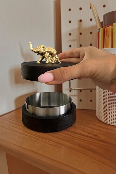 GİSVOL Ashtray with Wooden Elephant Figure, Metal Decorative Lid, Gift, Table...
