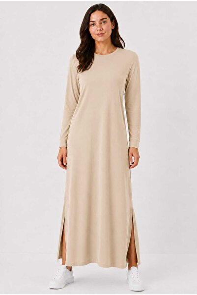 Tenra Women's Long Sleeve Crew Neck Side Slit Long Dress