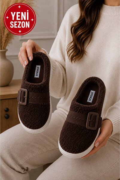 STOCON Women's Brown Buckle Plush Winter House Slippers Dowry Slippers Gift S...