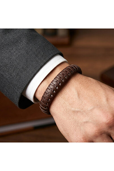 HOBİSY GIFT SHOP Brown Leather Men's Bracelet with Steel Magnet Clip Gift Jew...