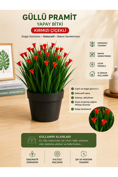 A&N Florya Vadi Yapay Güllü Piramit Bitki Kırmızı Çiçekli Saksılı Dekoratif Y...