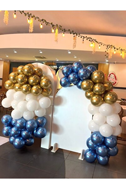 Çemrek Süs Parti White Chrome Gold Blue Balloon Chain Set of 100