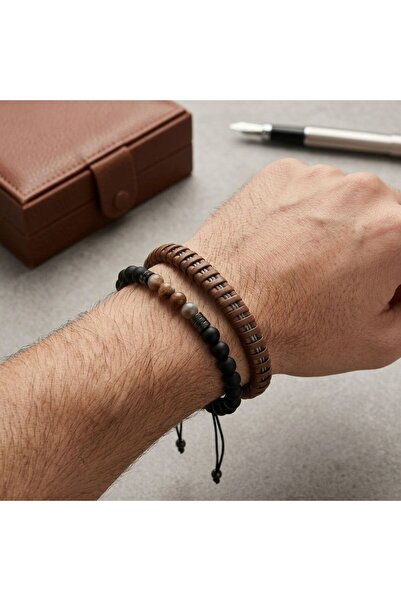 HOBİSY GIFT SHOP Special Series 2-Piece Combination Men's Tan Color Leather B...