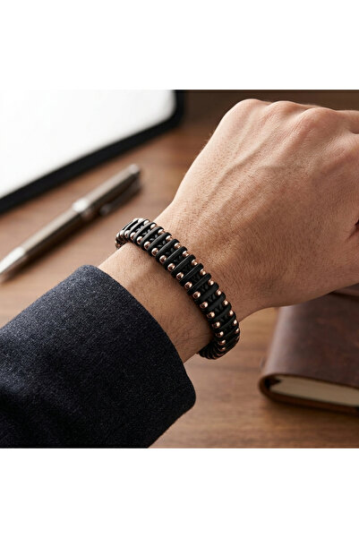 HOBİSY GIFT SHOP Men's Black Leather Bracelet with Rose Detail and Steel Clip...