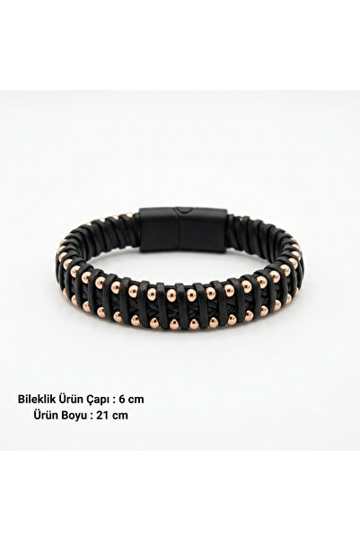 HOBİSY GIFT SHOP Erkek Siyah Deri Bileklik Rose Detaylı Çelik Klipsli Günlük Şık Tasarım