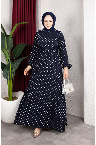 sefamerve Viscose Fabric Polka Dot Belted Hijab Dress 0901-02 Navy Blue
