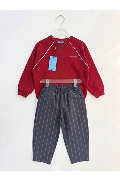 BaBe by DT Unisex Çocuk Nakışlı Logolu Sweat Çizgili Pantolon 2'li Alt Üst Takım 2-7 Yaş