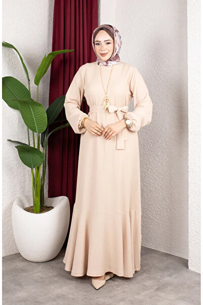 sefamerve Bürümcük Fabric Sleeve Elastic Belted Hijab Dress 0911-09 Beige