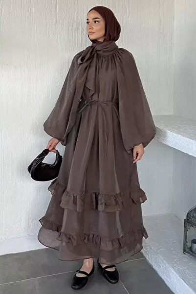 TOZLU Neck Tie Detail, Elastic Sleeves, Ruffled Hijab Dress