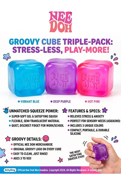Needoh Schylling Groovy Cube Squishy Toy 3-Pack – Original Super-Solid Gel Sensory Squeeze Cubes (Vibrant Blue, Deep Purple, Hot Pink) | Flexible Semi-Translucent Stress Reliever Fidget Toy for Adults