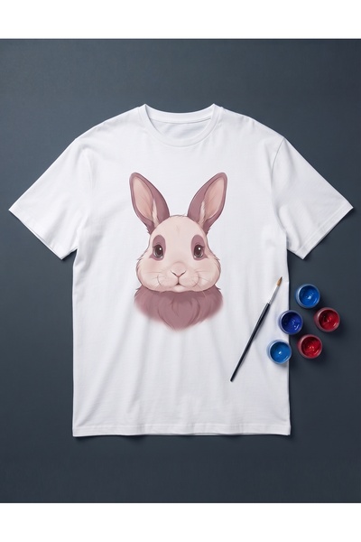 Kendin Boya T-Shirt Baski Seti - Tavşan Desenli - 3D Şablonlu Kumaş Boyama Seti (T-Shirt, Boya, Fırça)