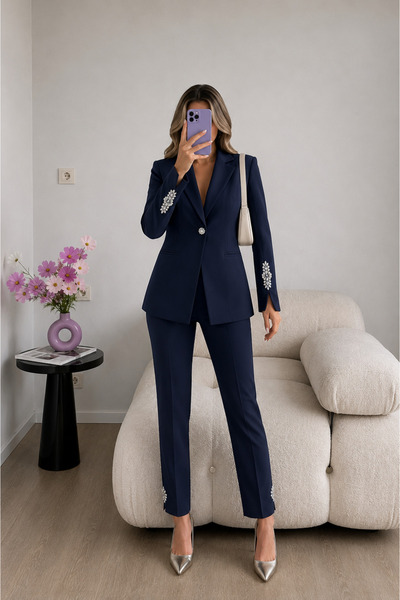 Ekim Store Jacket Pants Double Blazer Set with Stone Accessory on the Sleeves