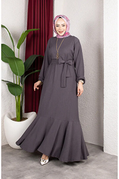 sefamerve Bürümcük Fabric Sleeve Elastic Belted Hijab Dress 0911-08 Anthracite