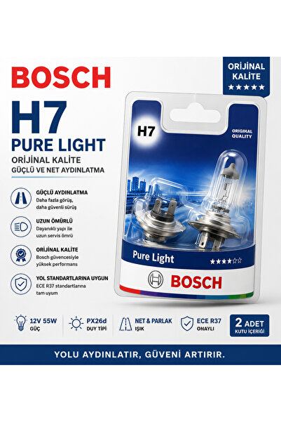 Bosch H7 Pure Light Halojen Ampul 12V 55W PX26d Orijinal Kalite Far Ampulü 2 ...