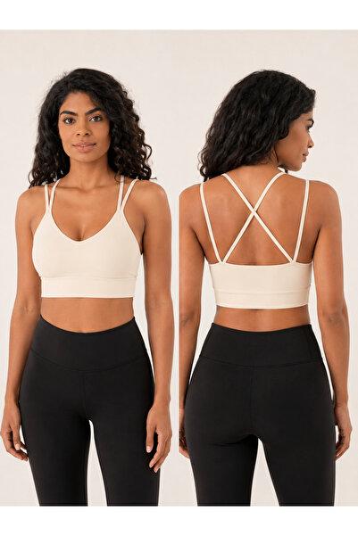 ARMAĞANİKA Women's V-Neck Double Straps Cross Back Sports Bustier Crop Top