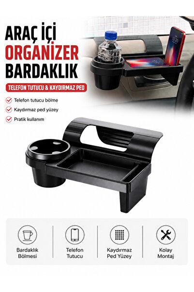 Araba Yan Cep Organizeri - Araç İçi Bardaklık Ve Telefon Tutuculu Çok Amaçlı Düzenleyici