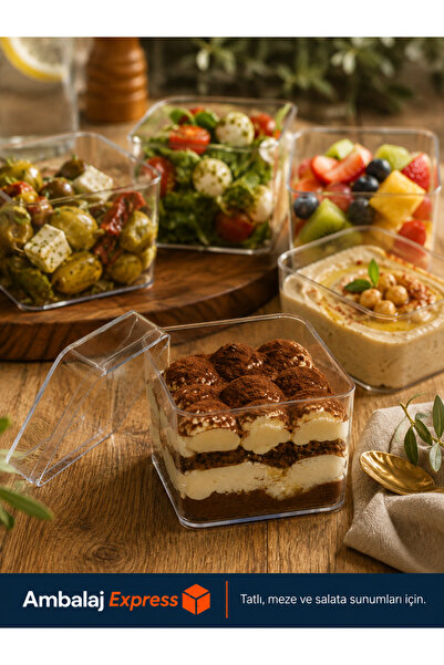 Ambalaj Express.com.tr 6'lı Kare Tiramisu Cup 300 cc Mika Kase Plastik Şeffaf Kapaklı Sunum Kabı Tatlı & Meze Ve Salata Kap