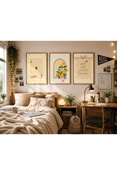 luxorpixels (ÇERÇEVESİZ) Sarı Lucky Girl Genç Odası 3lü Poster seti