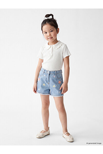 LC Waikiki Trendlucky Girls' Jean Shorts with Embroidery and Contrast