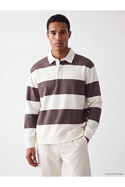 LC Waikiki Lcw Vision Beige Polo Collar Striped Men's Sweatshirt