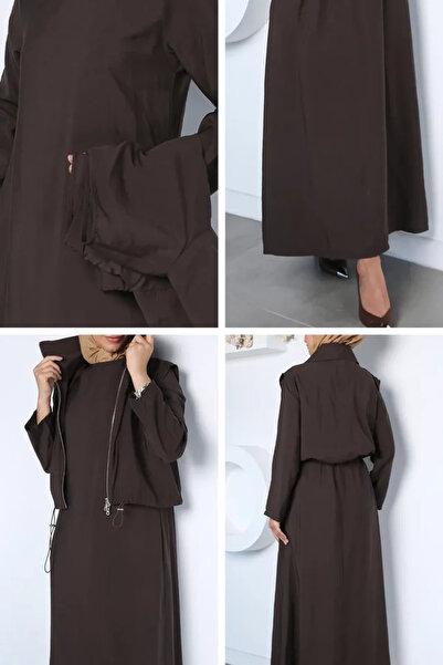 TOZLU Long Sleeve Dress with Elastic Waist and Zippered Vest, Islamic Clothing, Two-Piece Set