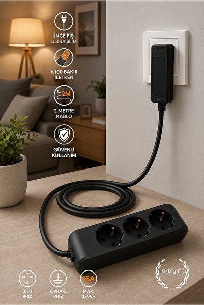 Aryes 3’lü 2 Metre Topraklı Uzatma Prizi 3x1,5 mm² TTR Bakır Kablolu Ultra İn...