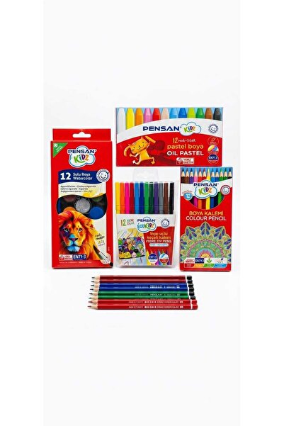 Pensan Kidz Okul Seti - 12'li Kuru Boya + Pastel + Sulu Boya + Keçeli Kalem +...