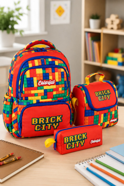 Catwins Brick City 3-Piece School Bag Set - Backpack, Lunch Bag, Pencil Case