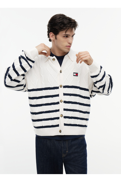 Tommy Jeans Beyaz Erkek Relaxed Çizgili Hırka DM0DM23210YBH TJM RLX STRIPE CABLE