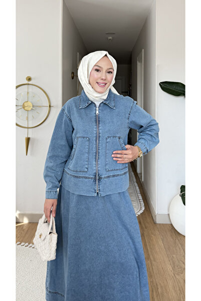 KADIN CEPLİ FERMUARLI CEKETLİ BELİ LASTİKLİ KOT TAKIM