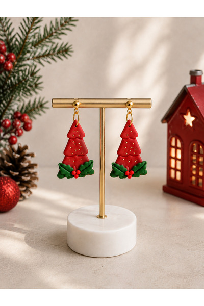 Miyamila Red Christmas Pine Tree Earring |   Women's Handmade Christmas Earri...