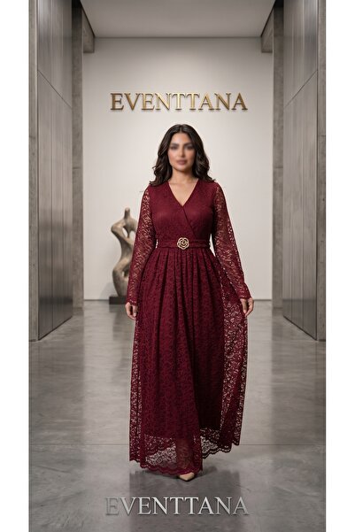 EVENTTANA فستان سهرة عنابي دانتيل بياقة V وحزام مزين