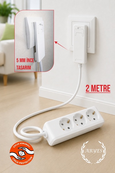 Aryes 3’lü 2 Metre Topraklı Uzatma Prizi 3x1,5 mm² TTR Bakır Kablolu Ultra İn...
