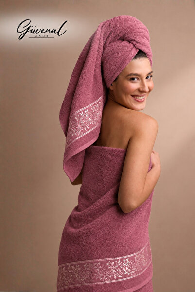 Güvenal Azalea |   Set of 2 Floral Bordered Bath Towels |   Ultra Soft |   Ba...