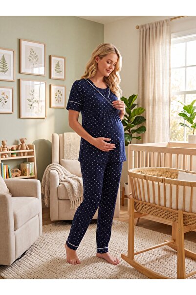 Lohussa New Season Navy Blue Polka Dot Double Breasted Collar Breastfeeding-F...