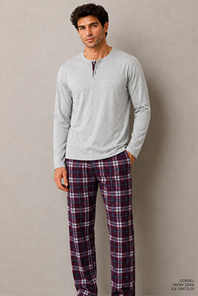 Erkek Ekose Desenli Pamuklu Önü Patlı Uzun Kollu Pijama Takımı
