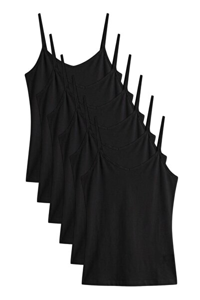 ExLove Women's Black Cotton Thin String Strap Undershirt 6 Pack Basic Underwe...