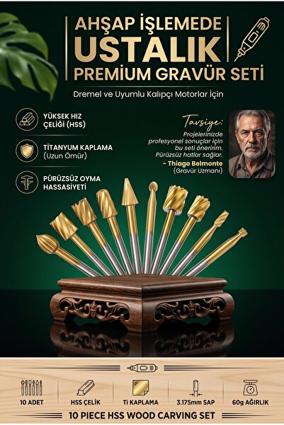 Transformacion 10 Parça Titanyum Kaplı HSS Ahşap Oyma Freze Ucu Seti Dremel U...