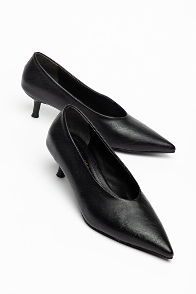 LİVAY STORE Siyah Cilt Kitten Topuklu Rahat Şık Kadın Stiletto Ayakkabı