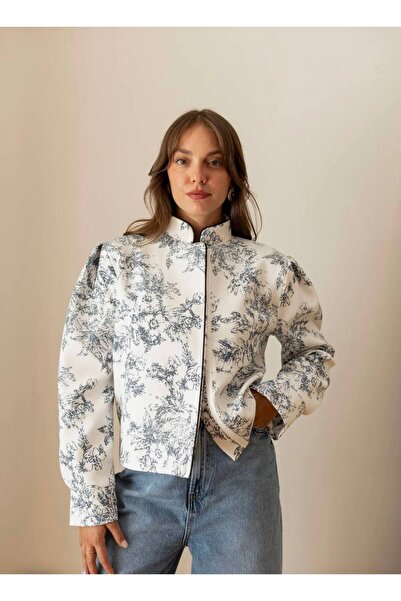 LOKADI Women's Patterned Stand Collar Short Jacket - Princess Sleeve Vintage ...