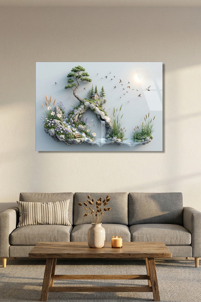 Vitraum Mini Ada, Bonsai Ağacı ve Kuşlar Yatay Cam Tablo