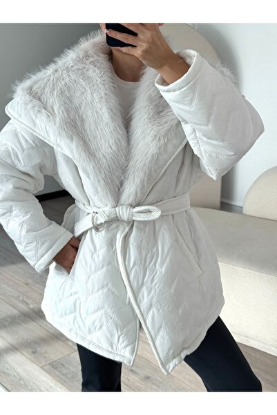 LOKADI Women's Fur Collar Quilted Short Coat with Belted Waist Oversized Puff...