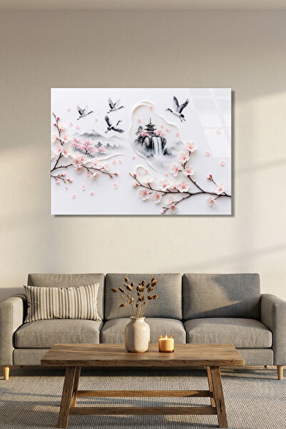 Vitraum Geleneksel Çin Sanatı Sakura Dalları ve Turna Kuşu Yatay Cam Tablo